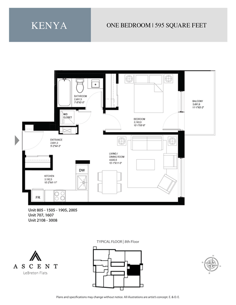 Floor plan for 1 bed, 1 bath, 587 sqft